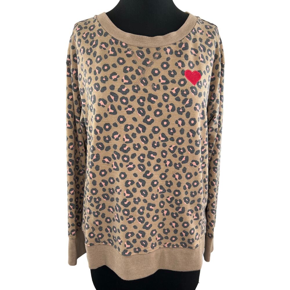 C&C California Tan Black Leopard Heart Long Sleeve Round Neck Sweatshirt Size M